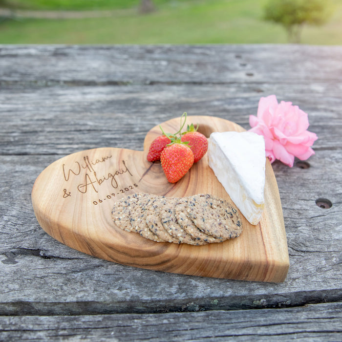Custom Designed Engraved Bride & Grooms Name and Wedding Date Heart Shaped Cheese Board Wedding Gift