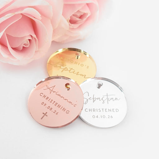 Customised Engraved Silver, Gold & Rose Gold Acrylic "Circle" Baptism Gift Tags Favours