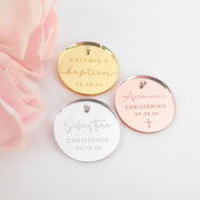 Customised Engraved Silver, Gold & Rose Gold Acrylic "Circle" Baptism Gift Tags Favours