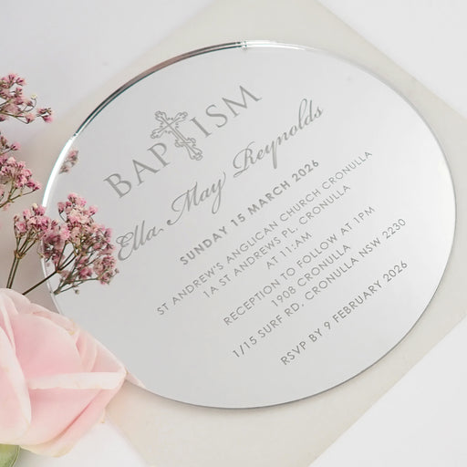 Personalised Engraved Round Silver Acrylic Christening Invitations