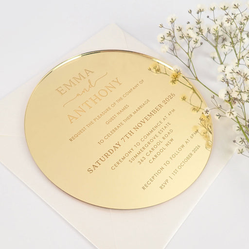 Personalised Engraved round Mirror gold wedding invitations