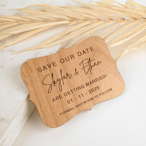Custom designed engraved wooden wedding save the dates