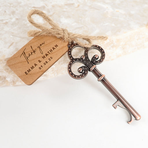 Rustic Key Bottle Opener with Personalised Engraved Wooden Gift Tag Wedding Favour