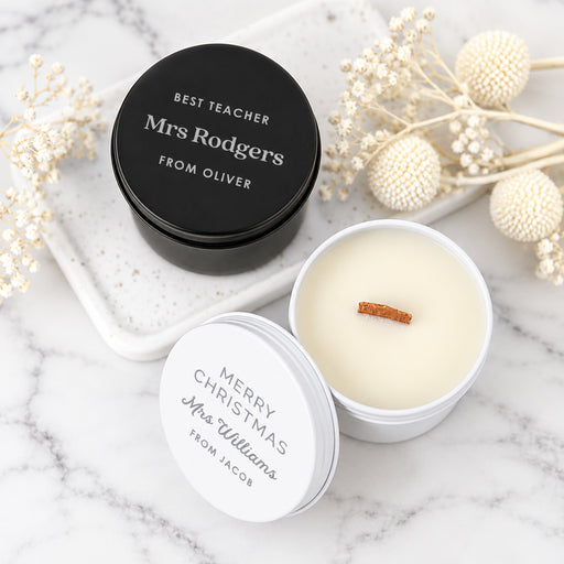 Engraved teacher candle in black or white tin, personalised with a special thank you message.