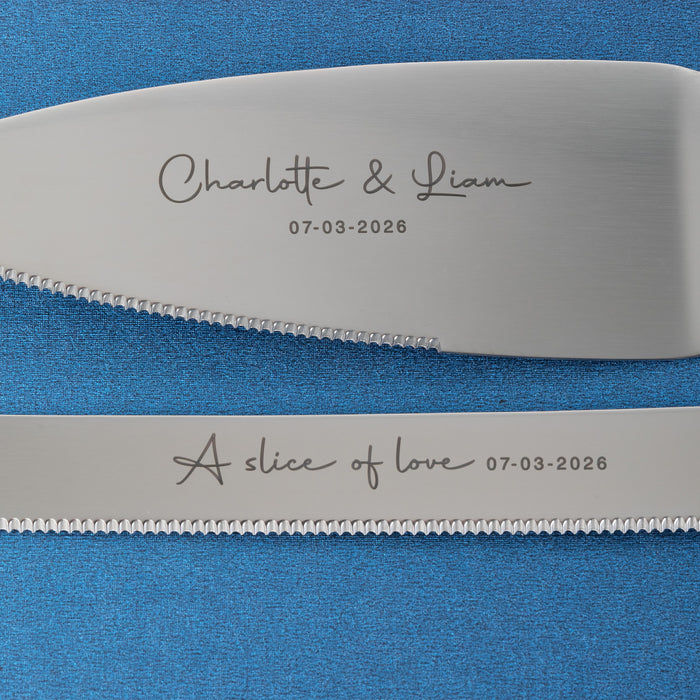 Custom Engraved Silver Wedding Cake Knife Set with personalised names