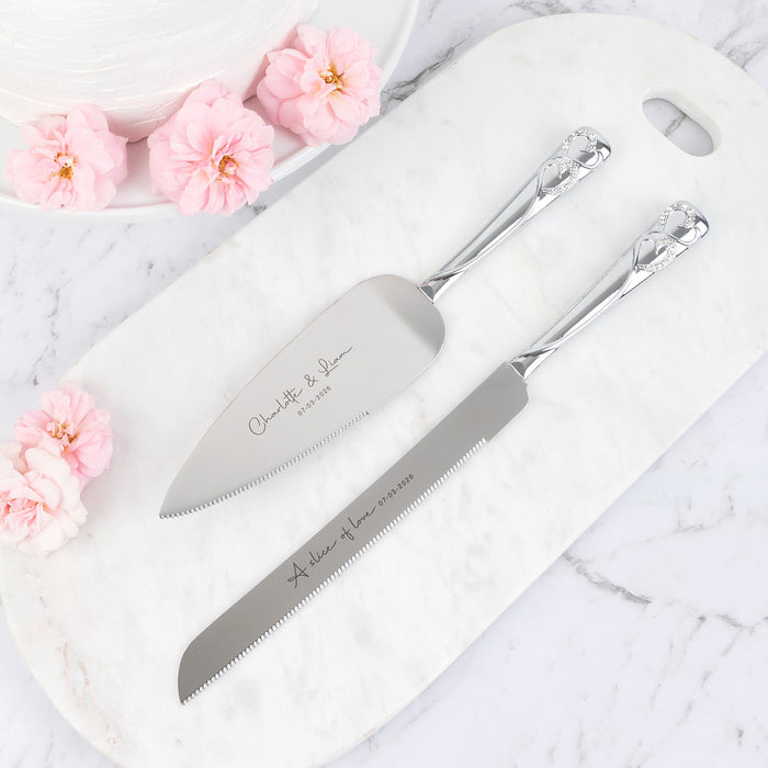 Personalised Engraved Wedding Cake Knife Set Silver, ideal for wedding cake cutting