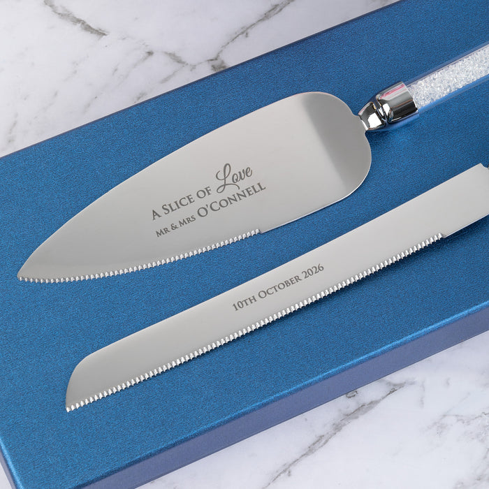 Silver crystal wedding cake knife and server set, laser engraved for a personal touch.