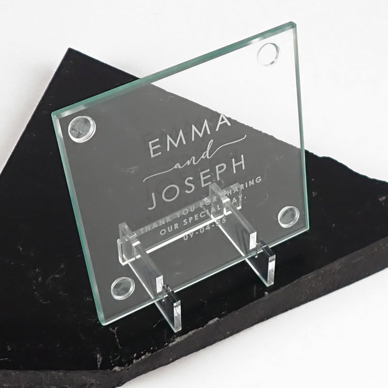 Custom Engraved Name Bride and Groom Wedding Glass Coaster Favour