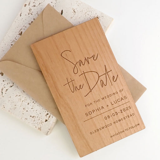 Professionally Laser Engraved wooden wedding save the dates