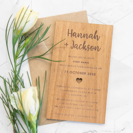 Personalised 11B Engraved Vertical Wooden Wedding Invitation