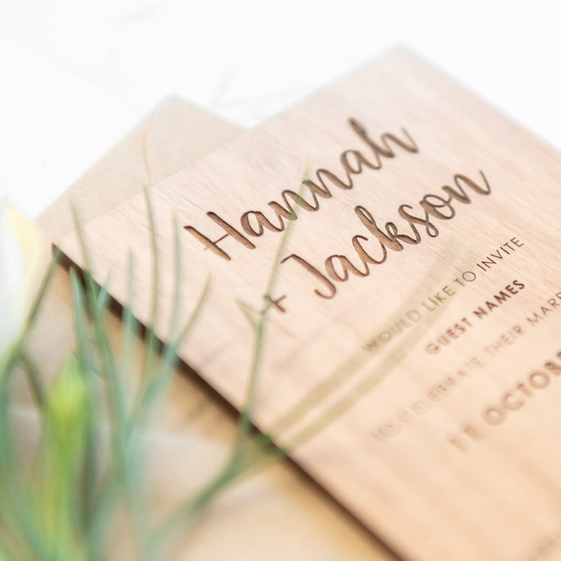 Custom designed laser cut and engraved 11B vertical wooden wedding invitation