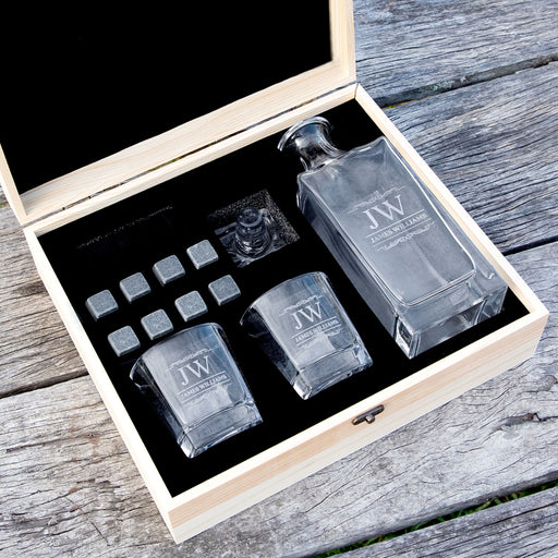 Customised Engraved Wooden Gift Boxed Decanter, Scotch Glasses and Whiskey Stone Set Christmas Present