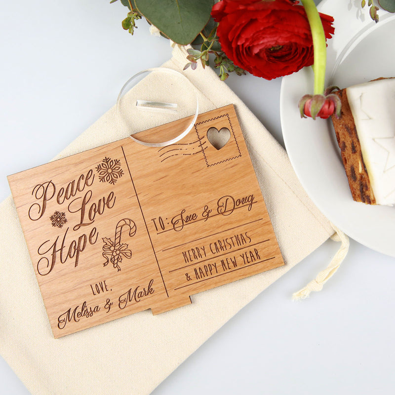Customised Engraved Wooden Christmas Postcard with Stand Present