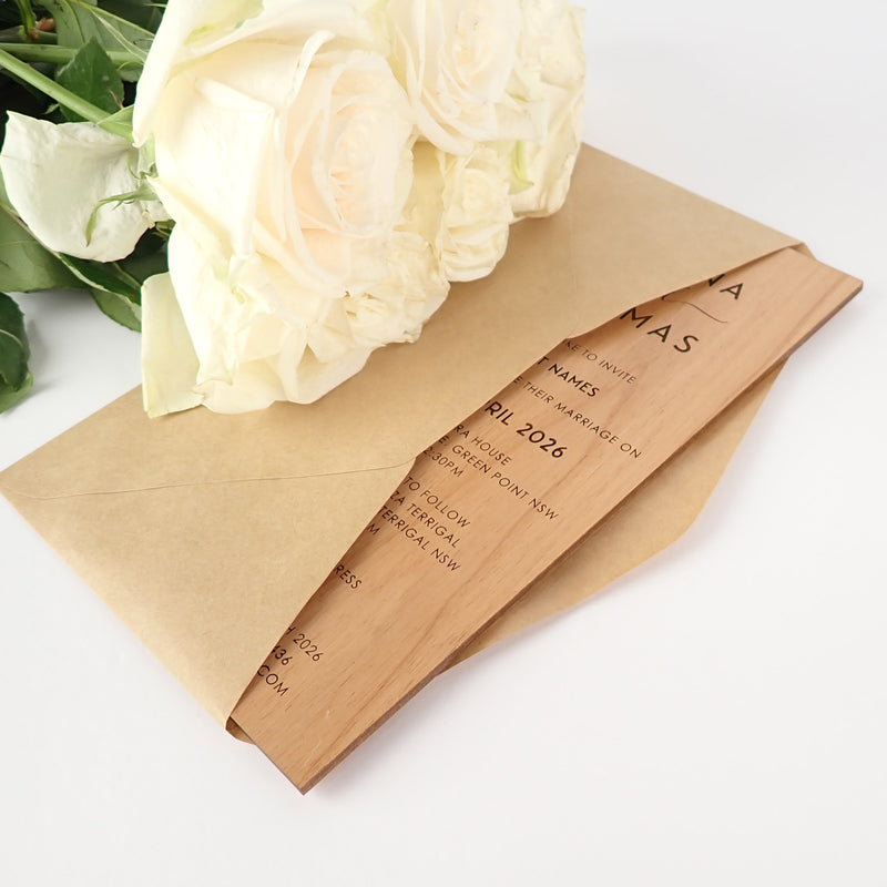 Custom Artwork Engraved Bride and Groom DL Wedding Wooden Invitation