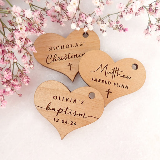 Personalised Engraved Wooden "Heart" Baby Shower, Baptism & Naming Day Christening Gift Tags Favours