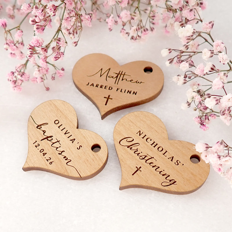 Personalised Engraved Wooden "Heart" Baby Shower, Baptism & Naming Day Christening Gift Tags Favours