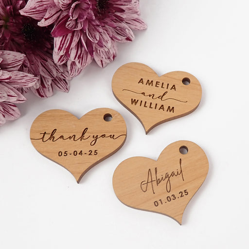 Personalised engraved wooden wedding favour heart shaped gift tags