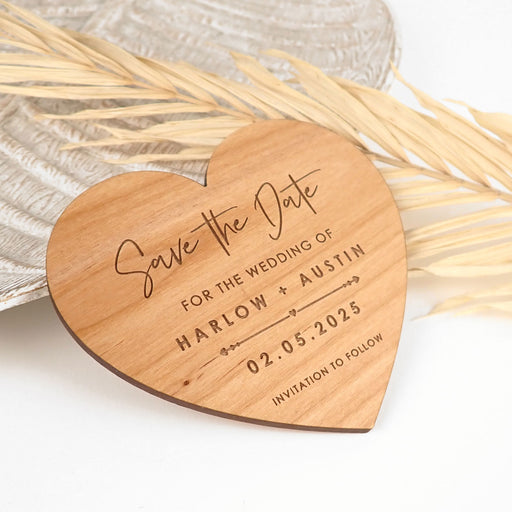 Personalised engraved wooden heart wedding save the date