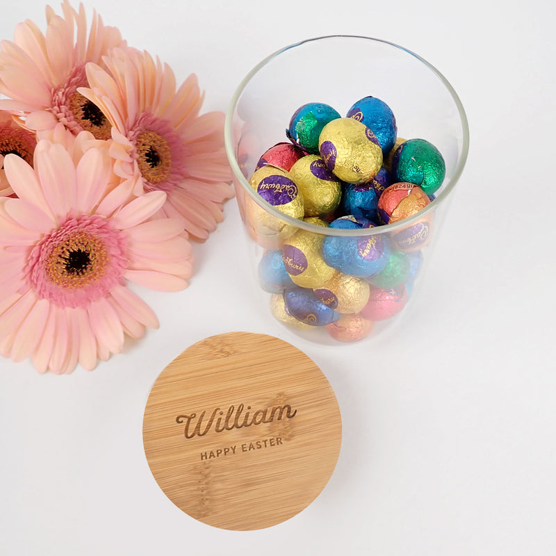 Custom Artwork Engraved Child's Name Easter Egg Lolly Jar with Bamboo Lid