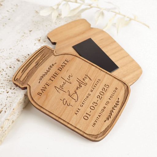 Personalised Engraved Wooden Save the Date Mason jars