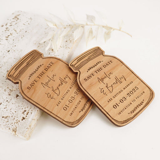 Customised Engraved Wooden Save the Date Mason jars