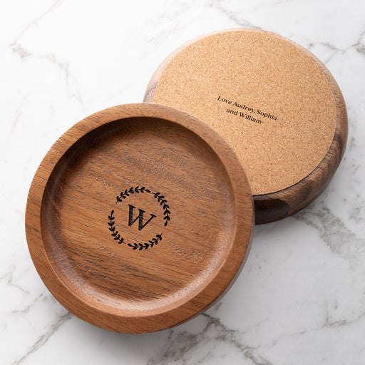 Personalised walnut wood trinket tray with cork base and engraved design