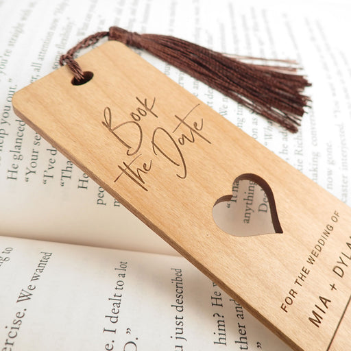 Dark Brown tassel personalised engraved wooden save the date wedding invitations