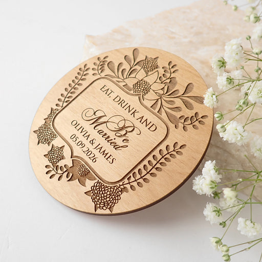 Personalised Engraved Eat, Drink and be Married Wooden Wedding Reception Coaster Favours