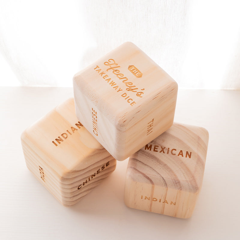 70mm novelty wooden dice for choosing takeaway meals, personalised for your family
