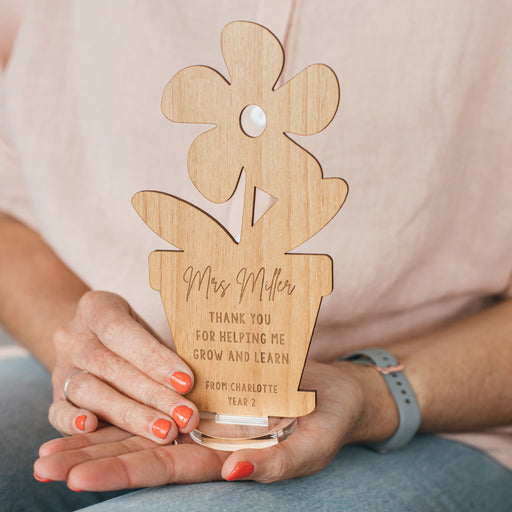 Personalised Laser Cut & Engraved Wooden Flower pot Teacher Christmas Present