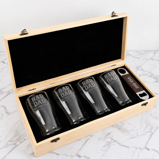 Engraved beer glass gift set for Dad with personalised barmate and wooden presentation box
