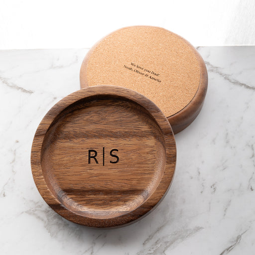 Personalised walnut wood trinket tray with engraved design for Dad