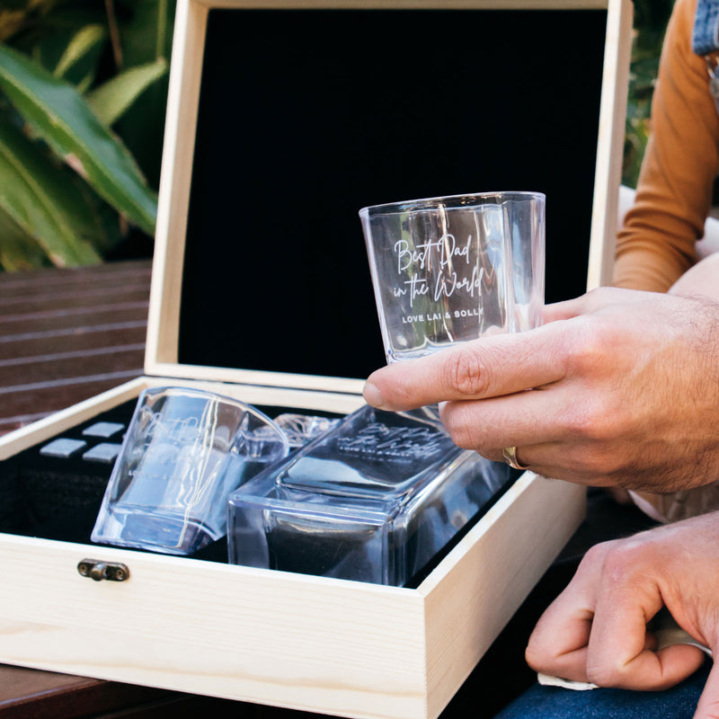 Custom Artwork Engraved Father's Day Wooden Gift Boxed Decanter, Scotch Glasses and Whiskey Stone Set