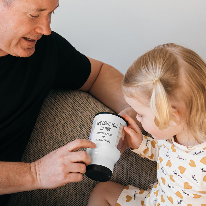 Insulated travel mug gift for Dad featuring personalised photo