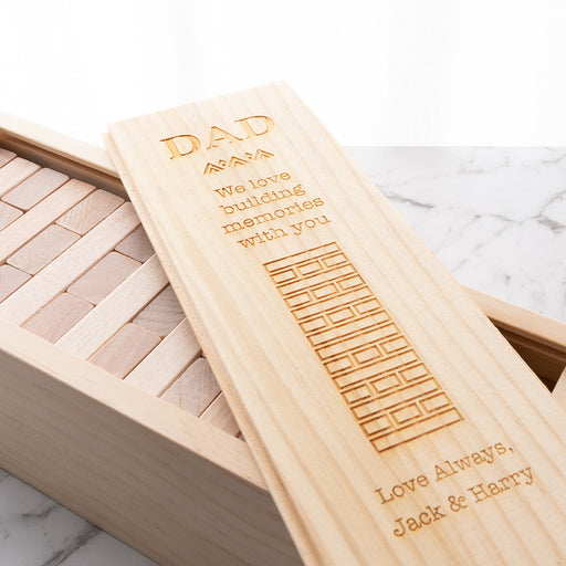 Engraved Father’s Day tumbling towers gift with 48 natural wood pieces