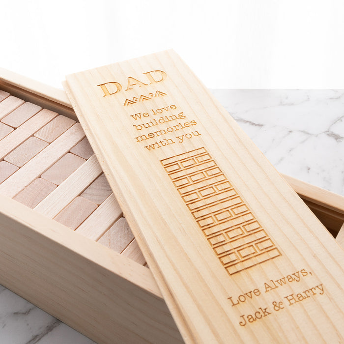 Engraved Father’s Day tumbling towers gift with 48 natural wood pieces