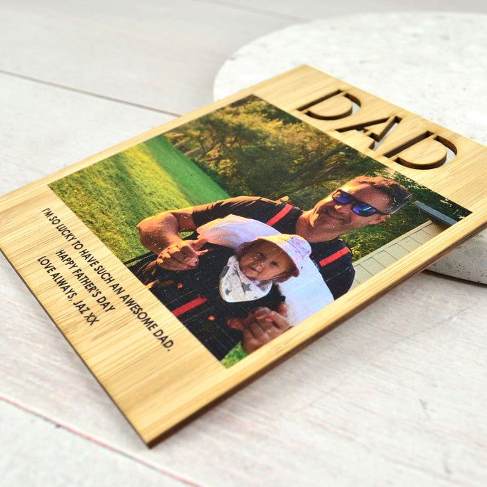 Colour printed photo and personalised Father's Day Message on a Wooden Card with Magnetic Backing Present