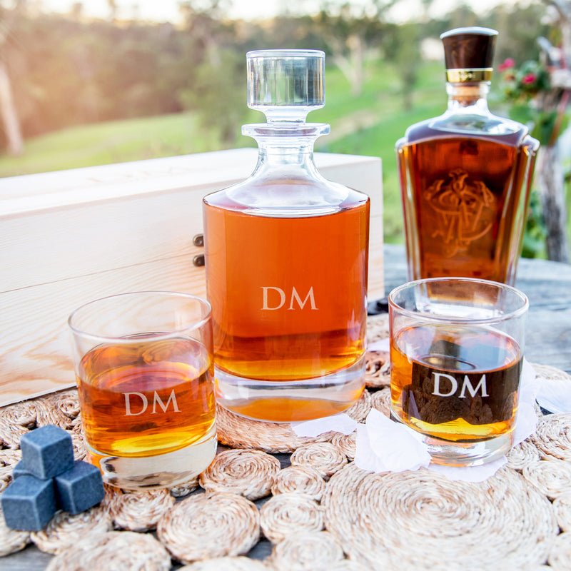 Personalised Engraved Bridal Party Round Decanter and Scotch Glasses with Whiskey Stones and Wooden Box