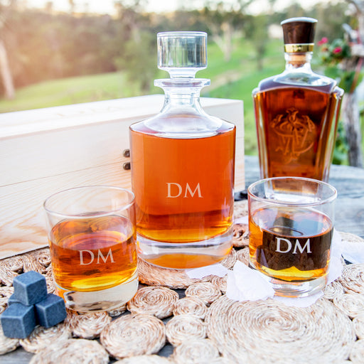 Custom Engraved Bridal Party Groomsman Round Decanter and Scotch Glasses with Whiskey Stones and Wooden Box