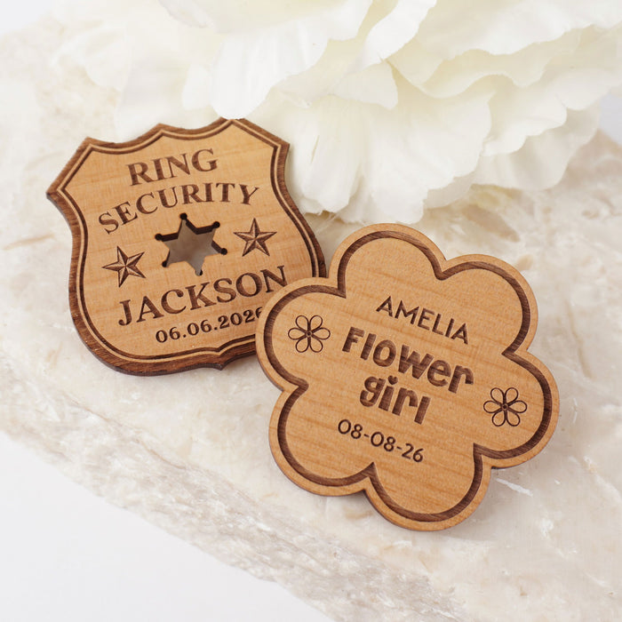 Laser cut and engraved personalised flower girl and page boy wooden badges