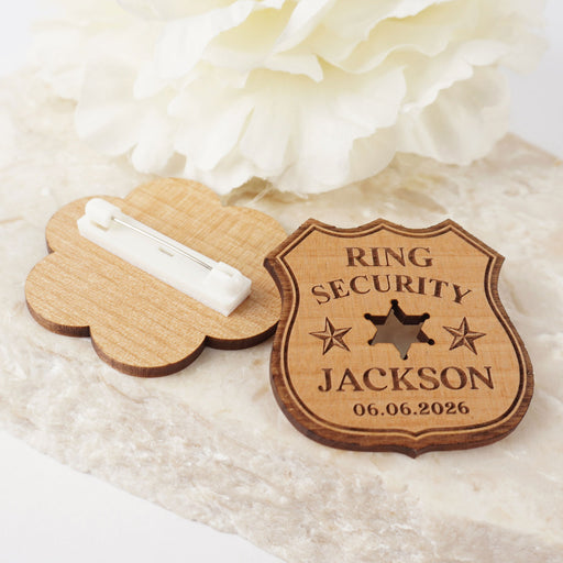 Laser cut and engraved personalised flower girl and page boy wooden badges