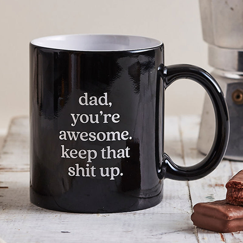Black ceramic 325ml coffee mug with a humorous laser engraved message for Dad, ideal for Father's Day, birthdays or Christmas.