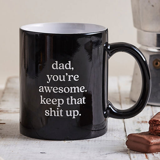 Black ceramic 325ml coffee mug with a humorous laser engraved message for Dad, ideal for Father's Day, birthdays or Christmas.
