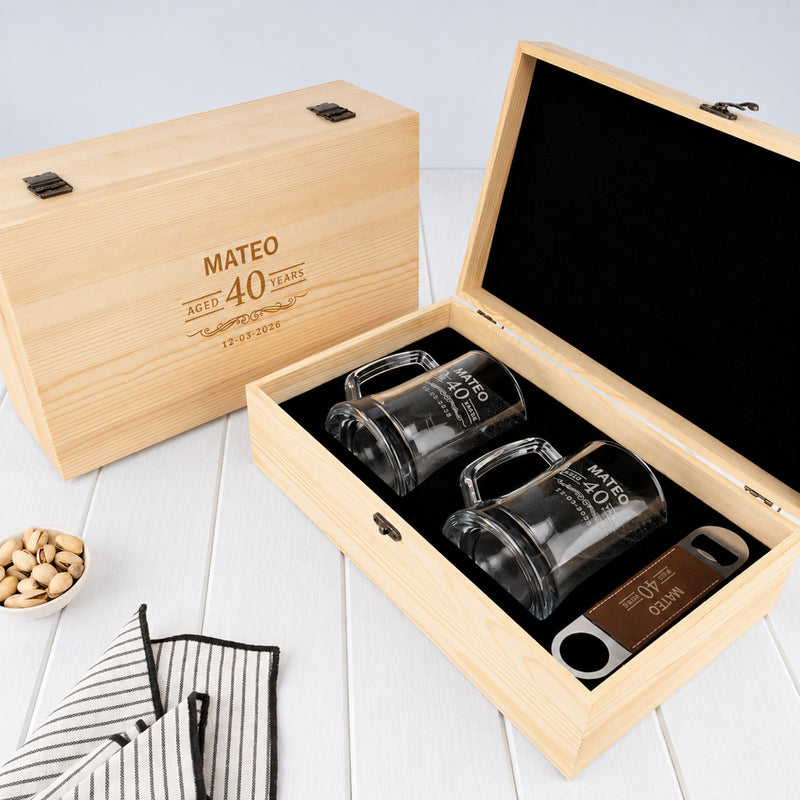 Personalised milestone birthday beer gift set with two engraved 500ml beer mugs and wooden gift box