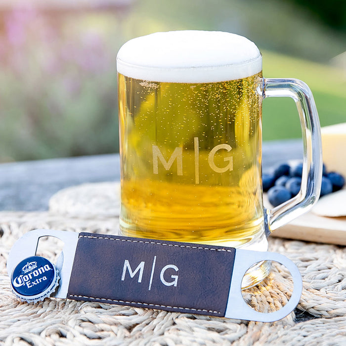 Personalised Engraved 500ml Beer Mug and Leather Stainless Steel Barmate Bottle Opener With Gift Box Birthday Gift