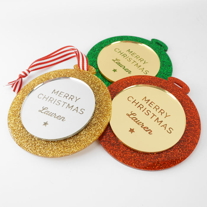 Customised Engraved Name Mirror and Glitter Green Gold Silver and Red Christmas Tree Ornaments