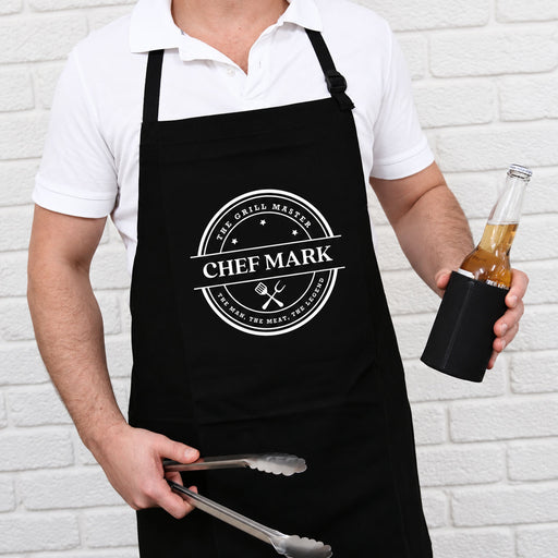 Personalised BBQ King apron made from heavyweight black cotton with adjustable neck strap and custom printed name.