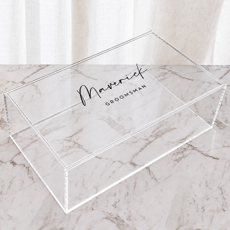 Clear acrylic Best Man gift box personalised for a wedding
