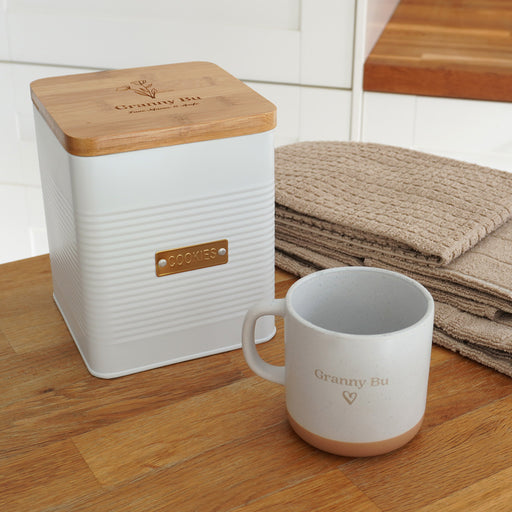 Engraved coffee mug with mocha tea towels and cookie tin