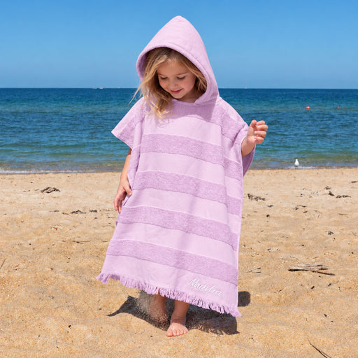 Personalised lilac kids hooded beach towel with embroidered name and soft cotton textured stripe design.
